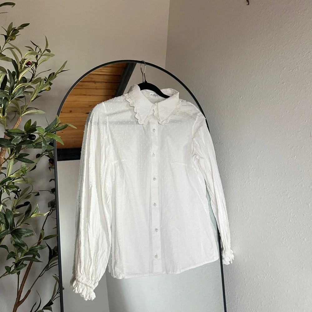 White Ruffled Button-Up Blouse - Picture 2 of 8